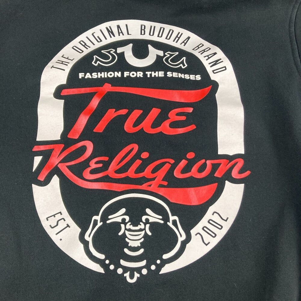 True Religion Mens Medium Black Full Zip Hoodie Buddha Graphic Fleece